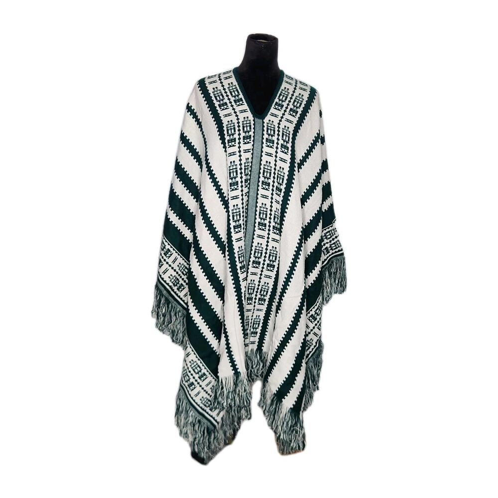 Unbranded Boho Knit Blanket Oversized Poncho White & Green One Size Unisex OS